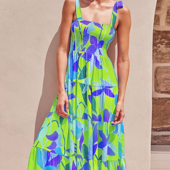 Floral Print Dresses - Smocked Tie Shoulder Midi main image 1